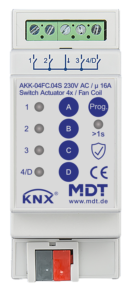 Actionneur 4 sorties KNX, 2 modules, 16 A, 230 V CA, compact, 70 µF