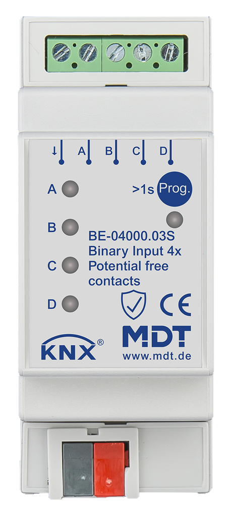 Entrée binaire, 4 entrées KNX, 2 modules, libre de potentiel.
