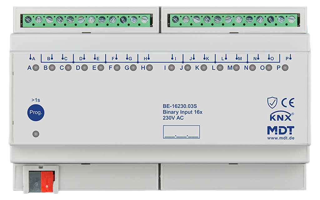 Entrée binaire, 16 entrées KNX, 8 modules, 230 V CA.