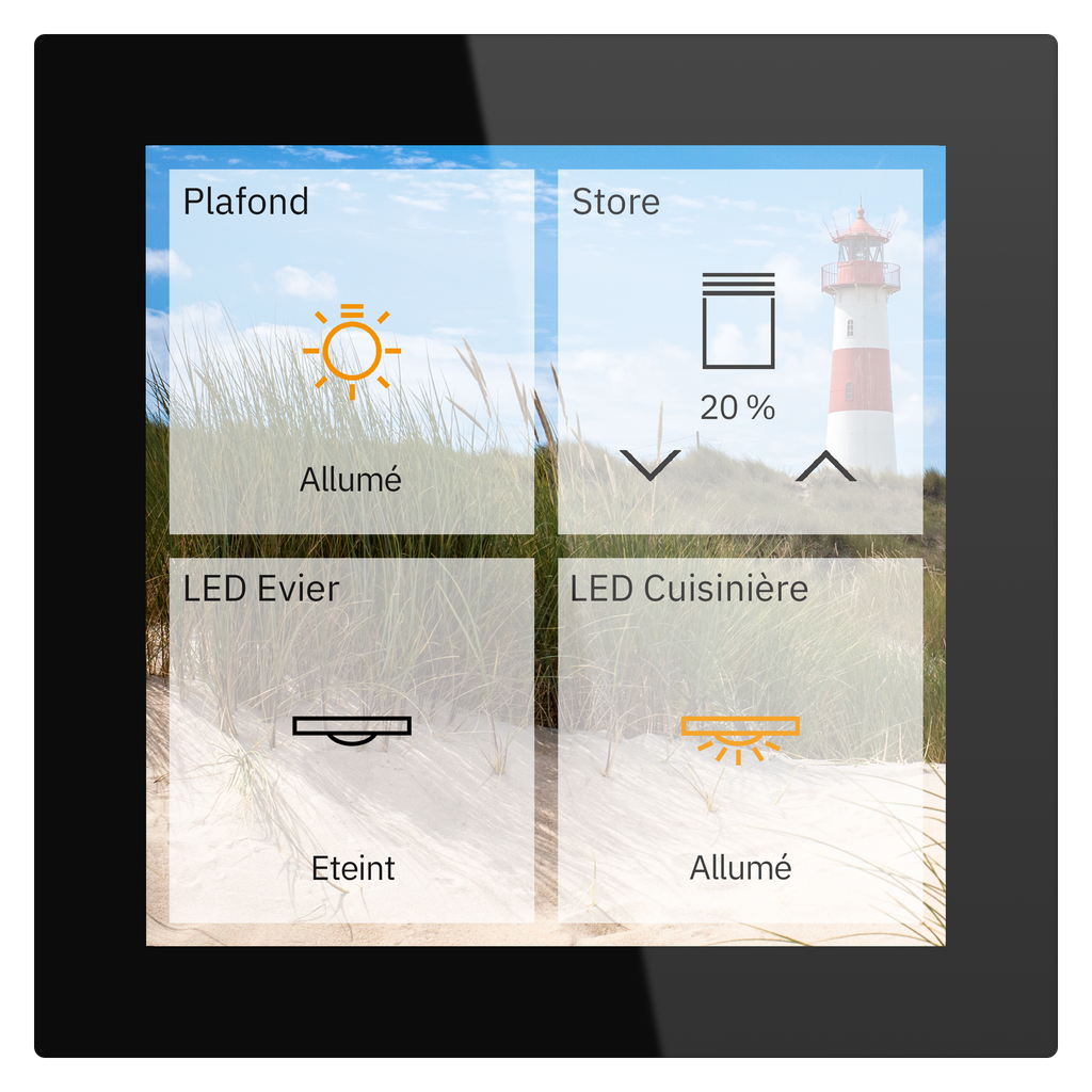 Écran tactile KNX Smart 4 pouces en finition verre, noir.