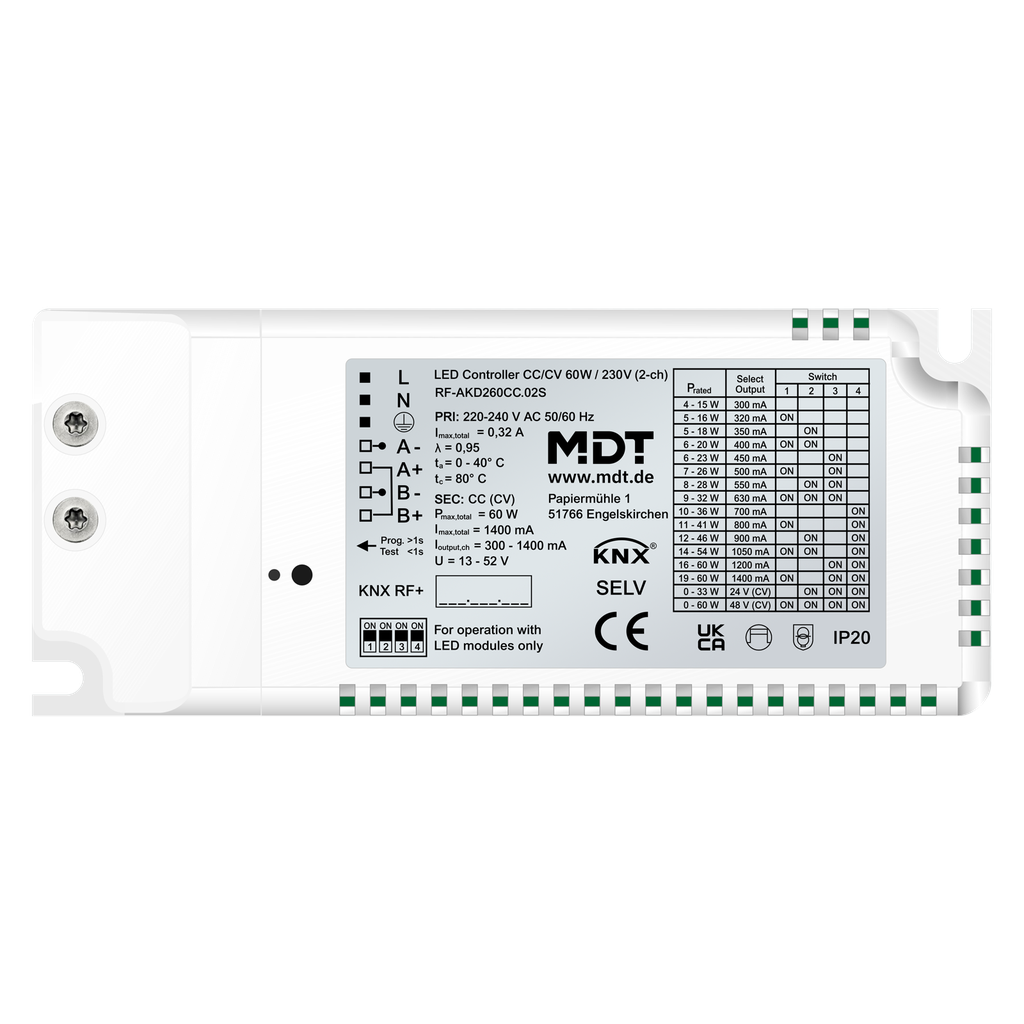 Contrôleur LED CC/VC KNX 60 W RF+ radio / 230 V 2 sorties, Secure