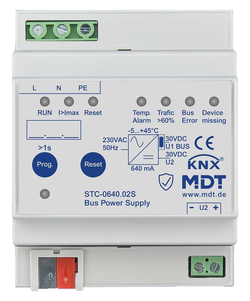 Alimentation bus KNX avec fonction de diagnostic, 4 modules, 640 mA.