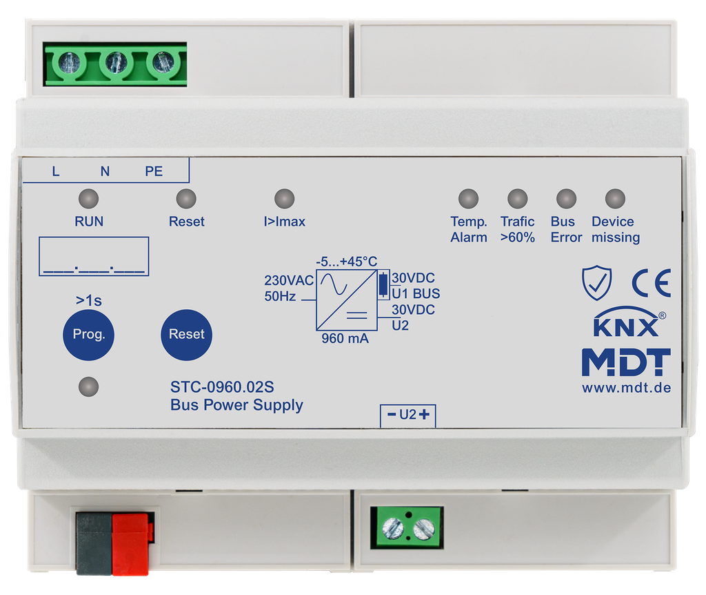 Alimentation bus KNX avec fonction de diagnostic, 6 modules, 960 mA.