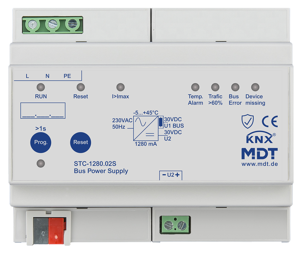 Alimentation bus KNX avec fonction de diagnostic, 6 modules, 1 280 mA.