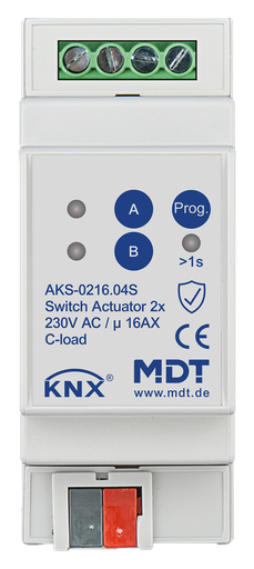 [MDT-AKS-0216.04S] Actionneur 2 sorties KNX, 2 modules, 16 A, 230 V CA, charge capacitive, standard