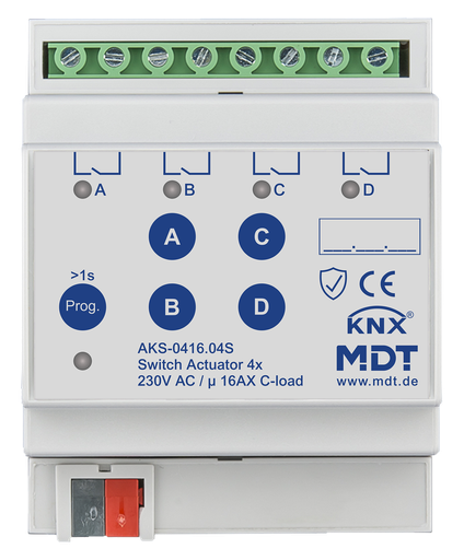 [MDT-AKS-0416.04S] Actionneur 4 sorties KNX, 4 modules, 16 A, 230 V CA, charge capacitive, standard