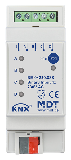 [MDT-BE-04230.03S] Entrée binaire, 4 entrées KNX, 2 modules, 230 V CA.