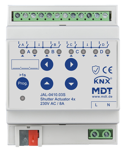 [MDT-JAL-0410.03S] Actionneur de stores et volets roulants 4 sorties KNX, 4 modules, 8 A, 230 V CA.