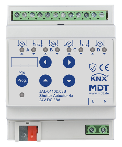 [MDT-JAL-0410D.03S] Actionneur de stores et volets roulants 4 sorties KNX, 4 modules, 8 A, 24 V CC