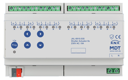 [MDT-JAL-0810.03S] Actionneur de stores et volets roulants 8 sorties KNX, 8 modules, 8 A, 230 V CA.