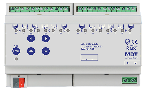 [MDT-JAL-0810D.03S] Actionneur de stores et volets roulants 8 sorties KNX, 8 modules, 8 A, 24 V CC.