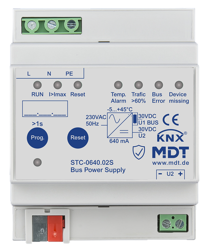 [MDT-STC-0640.02S] Alimentation bus KNX avec fonction de diagnostic, 4 modules, 640 mA.