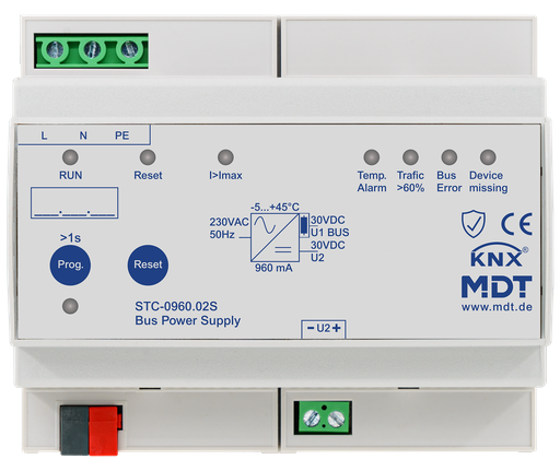 [MDT-STC-0960.02S] Alimentation bus KNX avec fonction de diagnostic, 6 modules, 960 mA.