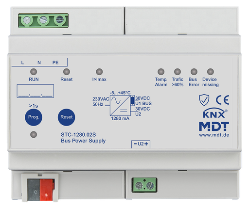 [MDT-STC-1280.02S] Alimentation bus KNX avec fonction de diagnostic, 6 modules, 1 280 mA.