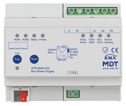 [MDT-STR-0640.02S] Alimentation bus KNX redondante avec diagnostic, 6 modules, 640 mA.